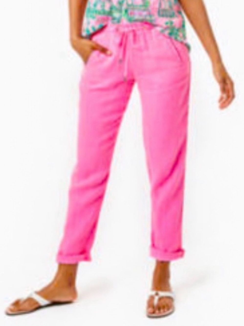 Lilly Pulitzer Taron Linen Pants Pelican Pink Size L 100% Linen EUC
